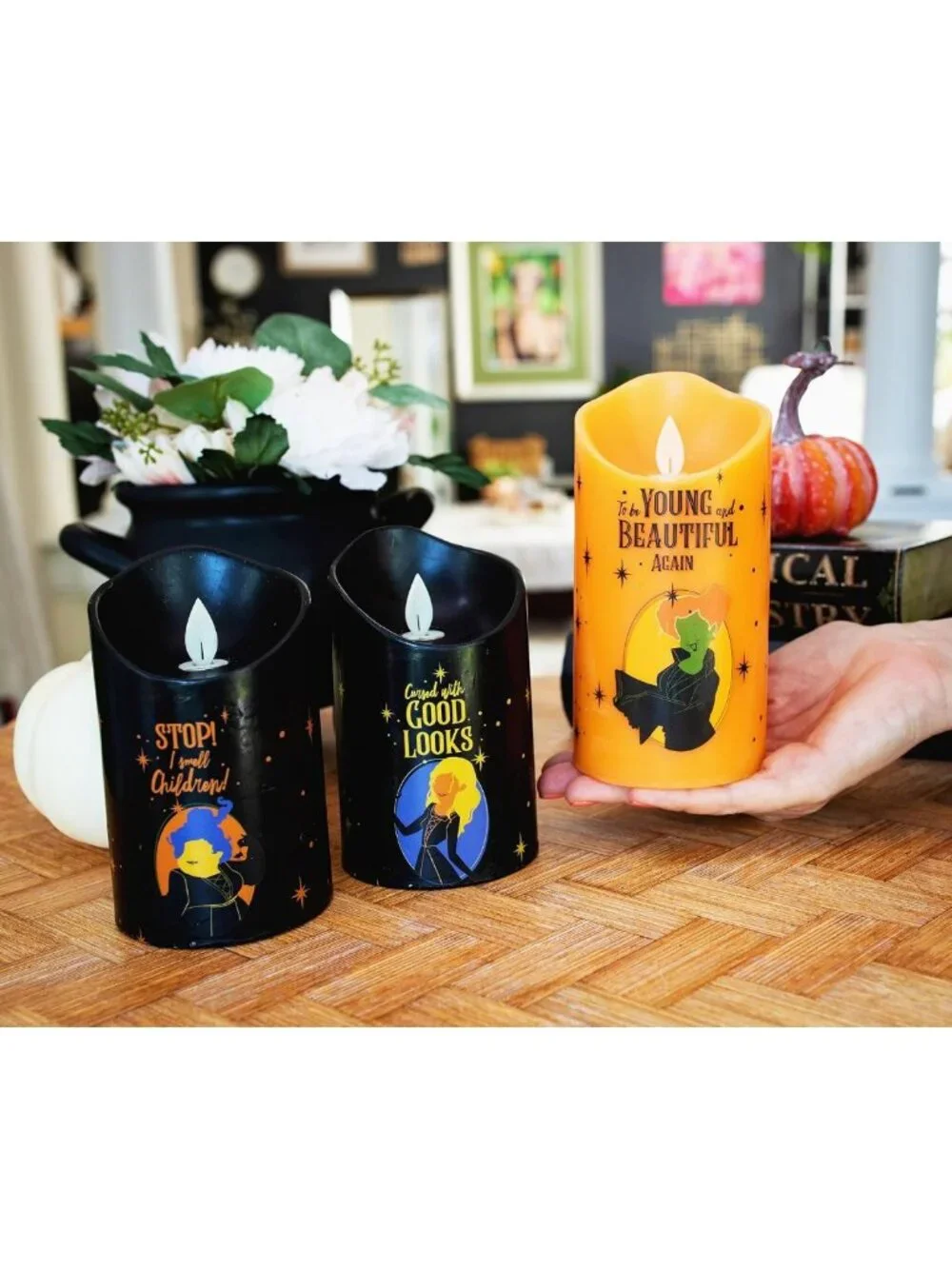 Hocus Pocus LED Flameless Candles Set of 3 | Flickering Light with Timer